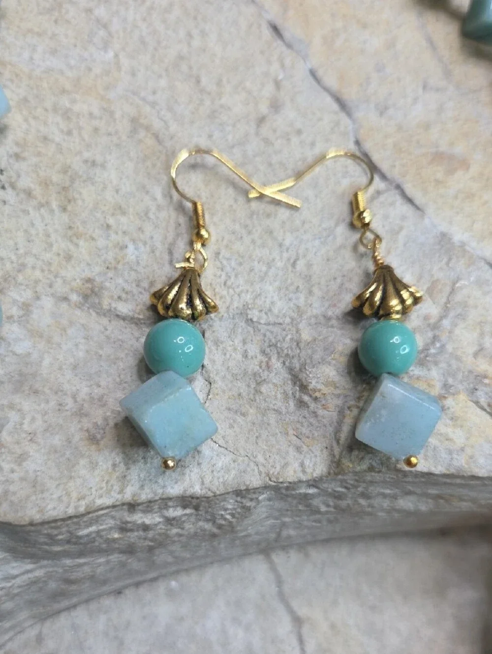 10K Solid Gold Aisan Jade Pendant On Amazonite & Glass Beads Necklace & Earring